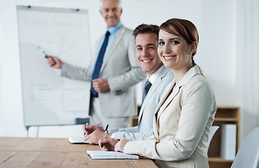 Image showing Meeting, presentation and business people, portrait and planning with collaboration or corporate training session. Seminar, information and CEO with whiteboard, smile for teamwork and strategy