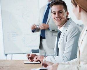 Image showing Man, portrait and notes for work presentation with graphs for business growth, kpi or mentorship. Male person, face and colleagues with white board for company analysis or training, coach or chart