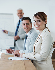 Image showing Meeting, presentation and business, woman and notes for planning with collaboration or corporate training session. Seminar, information and project management, smile in portrait for team and strategy