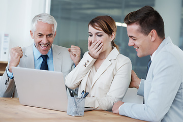 Image showing Success, shock or business people with laptop for stock market goals, achievement or profit target online. Deal, team meeting or excited traders winning a bonus prize on website for investment growth