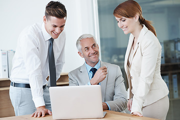 Image showing Business people, laptop and training for support in boardroom, communication and meeting in office. Senior manager, employees and technology for assistance in planning, mentor and advice for work