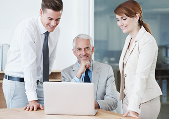 Image showing Laptop, portrait and manager with business people in office for corporate legal project meeting. Discussion, technology and professional team of lawyers work on computer by desk together in workplace