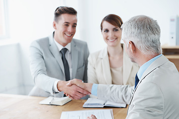 Image showing Handshake, success and business people in office for meeting, contract or consulting advice. Smile, finance or thank you with corporate employee shaking hands in boardroom for promotion agreement