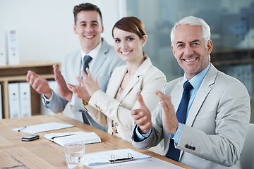 Image showing Success, portrait or business people clapping in presentation for winning, team support or motivation. Happy, audience or applause of proud employees for target goals, achievement or celebration
