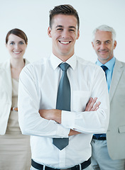 Image showing Group, portrait and corporate business in studio for teamwork, leadership and professional businessman. Smiling, confident and happy face for ceo, employee and together with white background