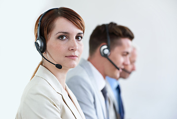 Image showing Call center, serious or portrait of woman in customer service, business support and CRM in office. Face, advisor or telemarketing agent in mic headset ready for telecom consulting in coworking agency