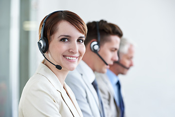 Image showing Call center, smile or portrait of happy woman in customer service, business support and CRM in office. Face, advisor or telemarketing agent in mic headset for telecom consulting in coworking agency