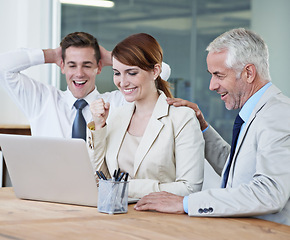 Image showing Wow, happy woman or business people with laptop for stock market goal, achievement or profit target online. Deal success, teamwork or excited traders trading for bonus prize for investment growth
