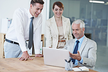 Image showing Business people, laptop and happy discussion in boardroom, communication and meeting in office. Senior manager, employees and technology for assistance in training, mentor and advice for support