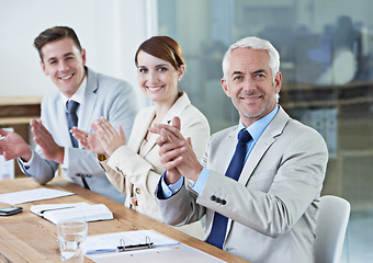 Image showing Success, happy CEO or business people clapping in presentation for winning, team support or motivation. Meeting, audience or applause of proud employees for target goals, achievement or celebration