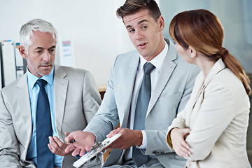 Image showing Business people, speaking or lawyer with contract for paperwork, strategy or notes at office. Financial advisor, teamwork or employees with documents, deal or legal advice in meeting for consultation