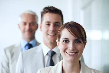 Image showing Business people, portrait and confidence for teamwork in office, cooperation and collaboration in workplace. Businesswoman, leadership and pride for company, smiling and solidarity by accountants