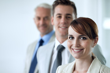 Image showing Business people, portrait and confidence for coworking in office, cooperation and teamwork in workplace. Businesswoman, leader and pride for startup success, united and solidarity by accountants