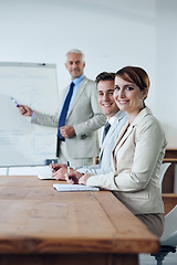 Image showing Portrait, business people or employees in meeting for presentation, coaching or team training. Smile, man or happy woman in boardroom or office for skills, group learning or education in a mentorship