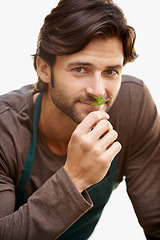 Image showing Mexican man, portrait and smelling plant for farming, gardening and agriculture by a white background. Farmer, studio and ecology for growth, produce and eco friendly harvest for future cultivation