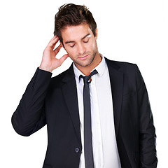 Image showing Fashion, suit and man in studio with classic, elegant or formal clothing choice on white background. Smart, style or male model posing with fashionable outfit, attitude or confidence while isolated