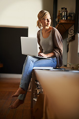 Image showing Woman, freelancer and laptop for writing, remote work and internet connection in kitchen for info. Female person, editor and website for research or online news, blog and typing an article on tech