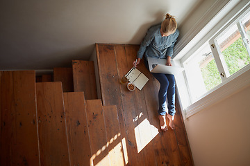 Image showing Woman, freelancer and laptop for writing notes, remote work and internet connection on floor for info. Female person, window and web for research or book, top view and ideas for article in journal