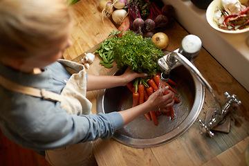 Image showing Person, sink and cleaning carrot in kitchen, health and hygiene with cooking food and top view. Vegetables, nutrition and organic for dinner meal, vegan or vegetarian with chef washing produce