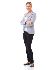 Image showing Business woman, white background and studio with smile, pumps and arms crossed. Professional female executive, formal and happy for startup, company and confidence while standing by portrait