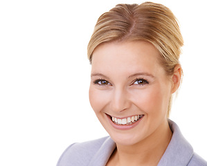 Image showing Businesswoman, happy and portrait in studio with makeup, style and job pride with mockup space. Professional entrepreneur, face and natural beauty with smile, confidence and white background