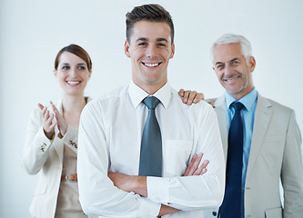 Image showing Group, face and corporate business in studio for teamwork, leadership and professional businessman. Smiling, congratulations and happy portrait for ceo, employee and together with white background