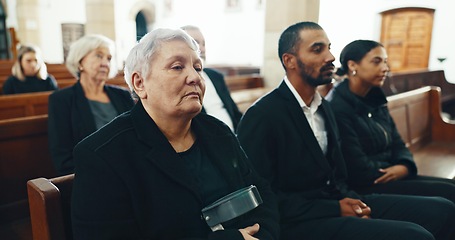 Image showing Funeral, church and people for memorial service, sermon and ceremony for death, mourning and loss. Religion, audience and sad men and women in congregation for comfort, memory and prayer in chapel