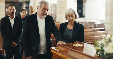 Image showing Funeral, grief and death with old woman in church for farewell, thinking and sad. Mental health, depression and respect with senior person at memorial service for mourning, remember and faith