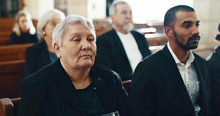 Image showing Funeral, church and people for memorial service, sermon and ceremony for death, mourning and loss. Religion, audience and sad men and women in congregation for comfort, memory and prayer in chapel