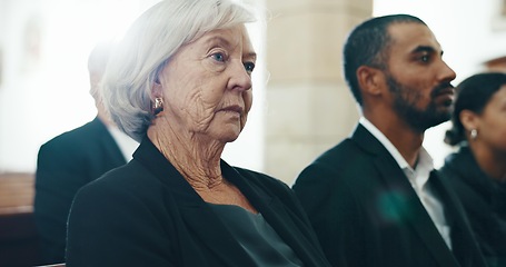 Image showing Funeral, grief and death with old woman in church for farewell, thinking and sad. Mental health, depression and respect with senior person at memorial service for mourning, remember and faith