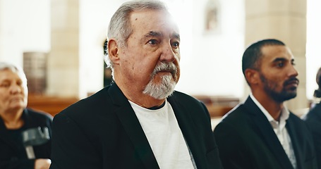 Image showing Sad, senior man and closeup at a funeral in church for religious service and mourning. Grief, elderly male person and burial with death, ceremony and grieving loss at a chapel event in formal suit