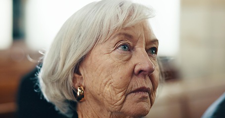 Image showing Church, service and face of senior woman at a funeral for final goodbye, respect and burial. Death, service and elderly female widow mourning, loss and grief, RIP and farewell gathering or ceremony