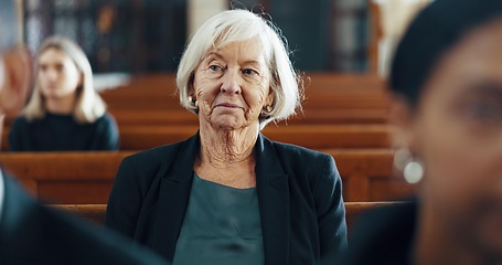 Image showing Funeral, church and senior woman for ceremony, sermon and memorial service for death, mourning and loss. Religion, chapel and sad elderly female person in congregation for comfort, memory and prayer