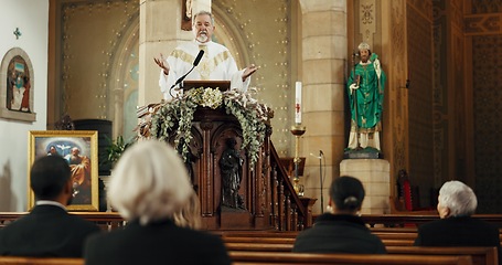 Image showing Religion, priest and man preaching in church for sermon, heaven and gospel of God. Senior pastor, spiritual leadership and speech for worship, holy spirit and community prayer service of Jesus Christ