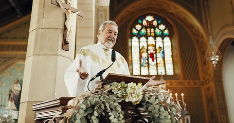 Image showing Religion, priest and man preaching in church for sermon, heaven and gospel of God. Senior pastor, spiritual leadership and speech for worship, holy spirit and community prayer service of Jesus Christ