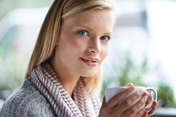 Image showing Coffee shop, smile and portrait of woman with drink, caffeine beverage and cappuccino for aroma. Happy, relax and person with mug in restaurant, cafe and diner for breakfast, satisfaction or wellness