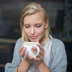 Image showing Coffee shop, happy and woman with aroma for drink, caffeine beverage and cappuccino for scent. Smile, relax and person with mug in restaurant, cafe and diner for breakfast, satisfaction and wellness