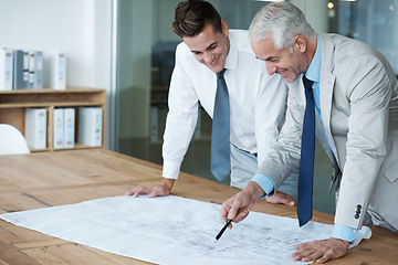 Image showing CEO, businessman and architect with building layout, plan and vision for expanding in office for space. Executive, employer and designer at desk, company and meeting for blueprint idea in project