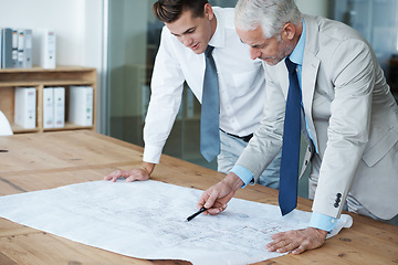 Image showing CEO, architect and boss with blue print, plan and work for expanding in office and building. Manager, employer and designer at table, company and meeting for remodeling of business and renovation