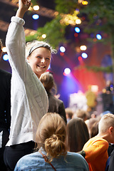 Image showing Woman, dance and celebration at music festival, concert or party for social life, excited and happy portrait. People, audience or crowd and friends in portrait at carnival, event and bokeh for night