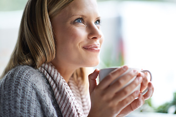 Image showing Coffee shop, happy and face of woman with drink, caffeine beverage and cappuccino for aroma. Customer, relax and person with mug in restaurant, cafe and diner for breakfast, satisfaction and wellness