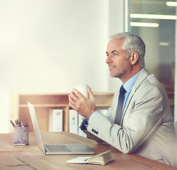 Image showing Senior, businessman and thinking, laptop and diary at desk in the office for consultant meeting. CEO, man and plan for budget, payroll and human resources in company or workplace for startup proposal