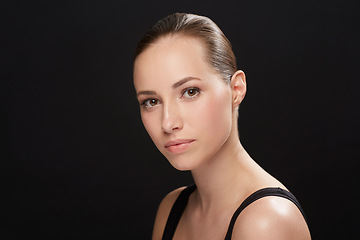 Image showing Model, confident and portrait in studio with make up, spa and beauty treatment for cosmetology in mockup. Woman, face or skincare with collagen for glow, healthy skin or cosmetic on black background
