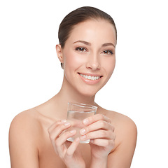 Image showing Woman, portrait and skincare for beauty, water for health and wellness, dermatology and self care on white background. Face, hydration and h2o in glass for skin and natural cosmetics in studio
