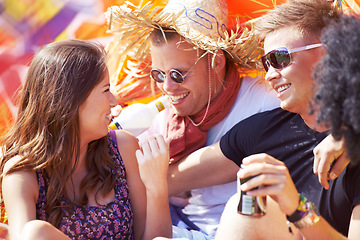 Image showing Happy, friends and laughing at festival for joke, comedy or funny humor at outdoor campsite. Friendship, young group or people enjoying fun holiday weekend, event or camping out together at party