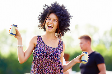 Image showing Woman, excited outdoor and beer at music festival, party with fun and cheers, celebration and happiness. Freedom, dancing and alcohol drink in can, camping with social event in park or public garden