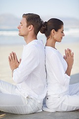 Image showing Couple, yoga and sea with meditation, peace and waves on sand in morning with mindfulness in summer. Man, woman and outdoor for namaste with spiritual growth, balance and zen at beach in Cape Town