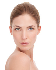 Image showing Woman, skincare and wellness in studio portrait with glow, cosmetics and healthy by white background. Girl, person or model with facial skin, beauty and shine with change, dermatology or aesthetic