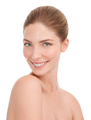 Image showing Woman, studio and portrait with facial beauty for glow, cosmetics and healthy skin by white background. Girl, person or model with wellness, skincare and shine with change, dermatology or aesthetic