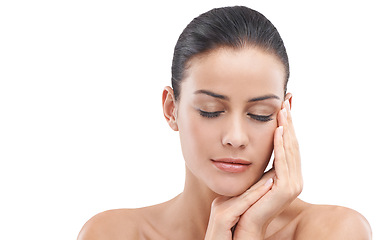 Image showing Calm woman, skincare and relax with beauty, makeup or cosmetics on a white studio background. Face of female person, brunette or model in satisfaction for spa or facial treatment on mockup space